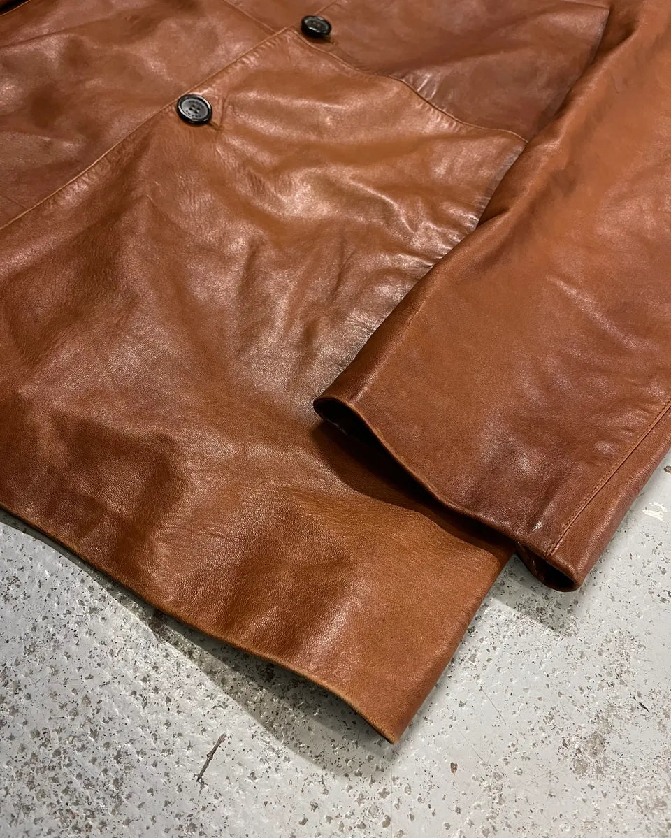 FW2003 Prada Cognac Brown Leather Long Coat ZLEQIhZ 5