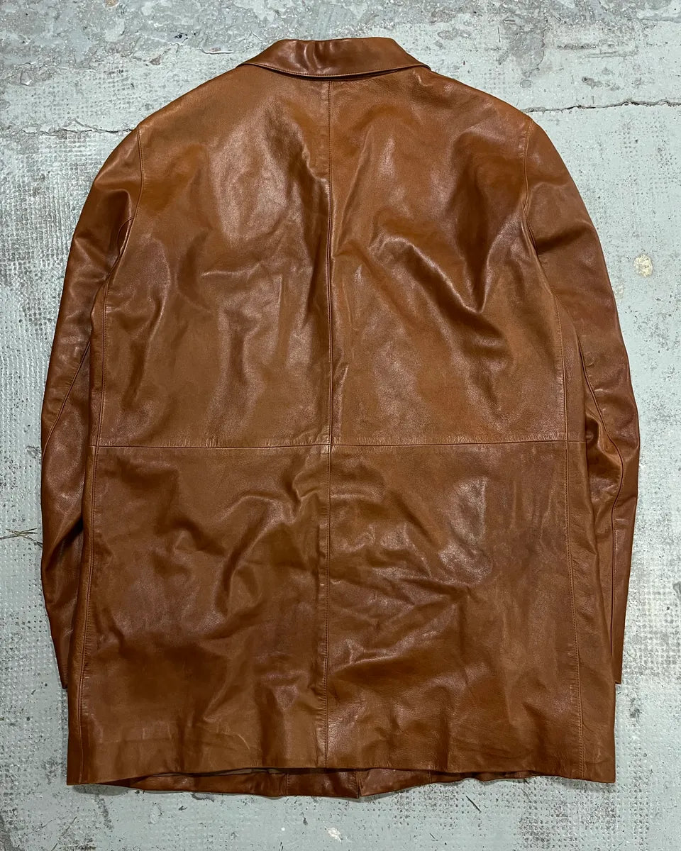 FW2003 Prada Cognac Brown Leather Long Coat ZLEQIhZ 6