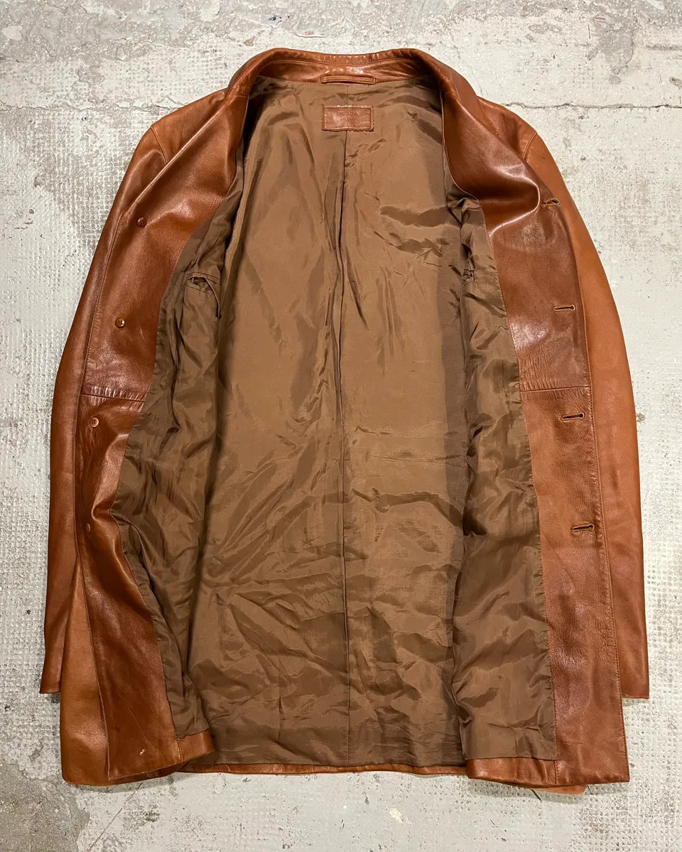 FW2003 Prada Cognac Brown Leather Long Coat ZLEQIhZ 7