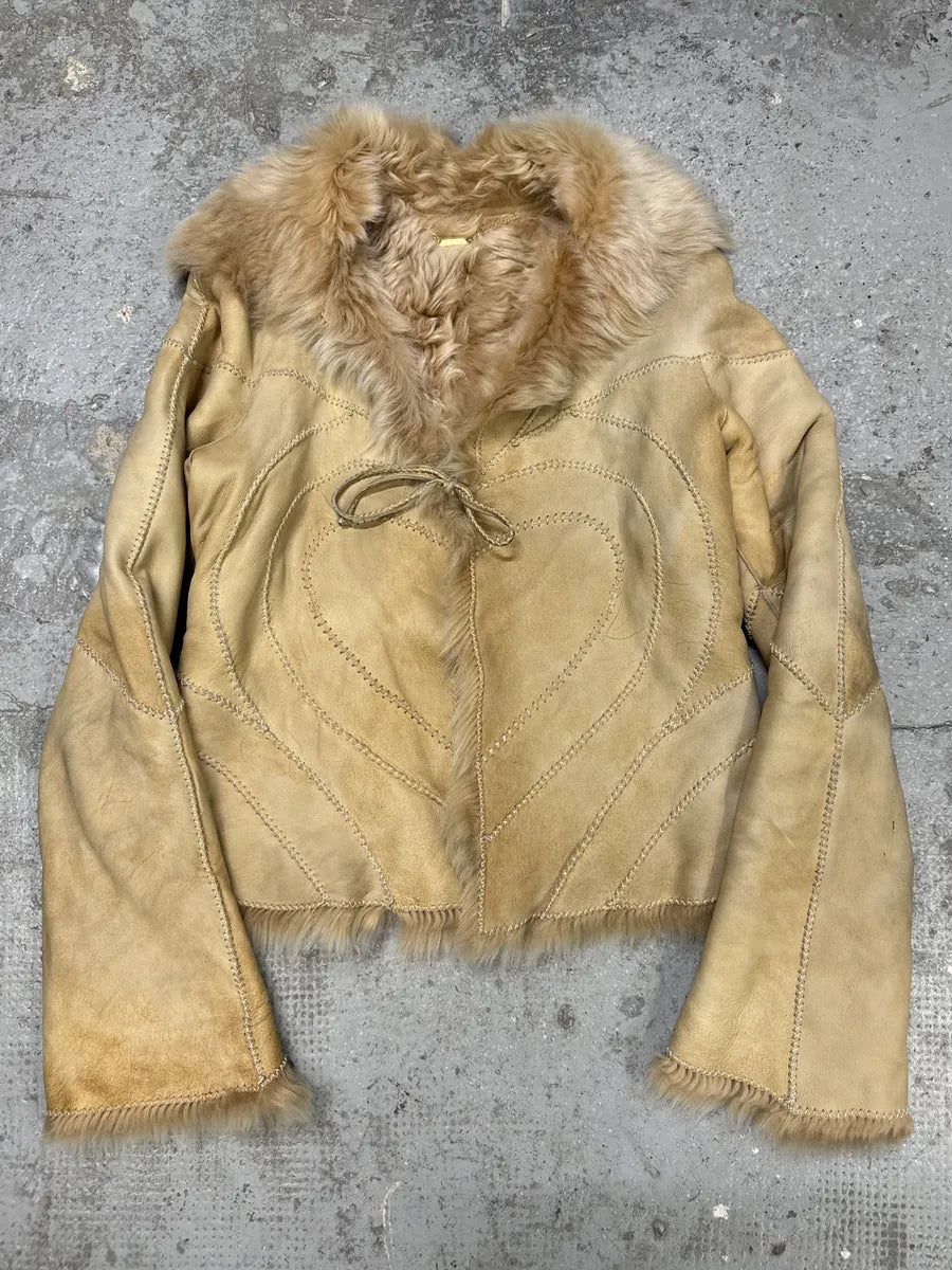 FW2003 Roberto Cavalli Beige Hearth Leather Fur Jacket (M) bQXEcPl 0