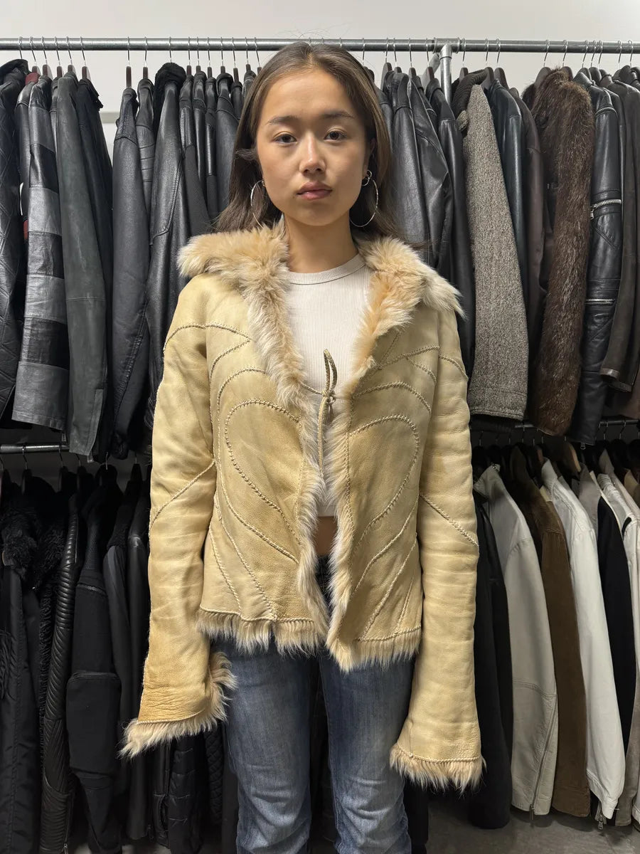 FW2003 Roberto Cavalli Beige Hearth Leather Fur Jacket (M) bQXEcPl 2