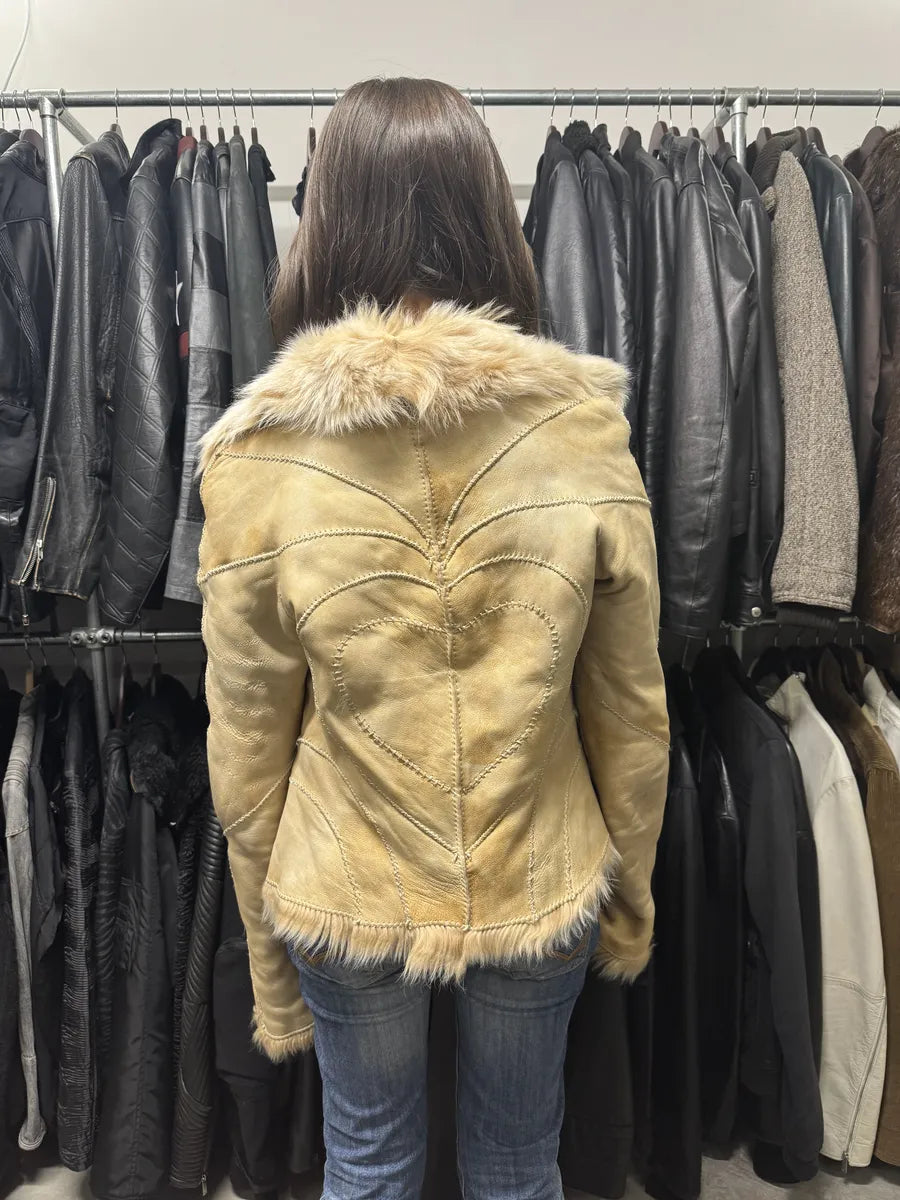 FW2003 Roberto Cavalli Beige Hearth Leather Fur Jacket (M) bQXEcPl 3