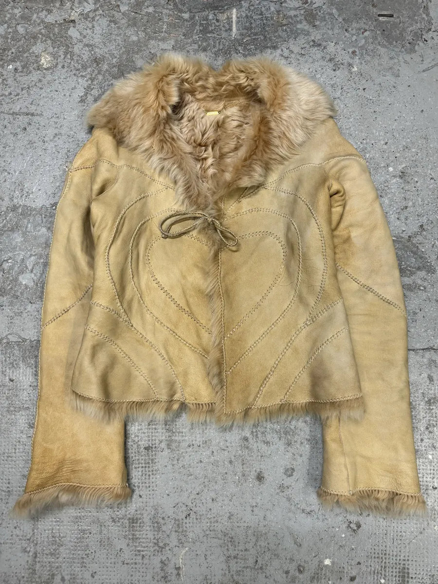 FW2003 Roberto Cavalli Beige Hearth Leather Fur Jacket (M) bQXEcPl 5