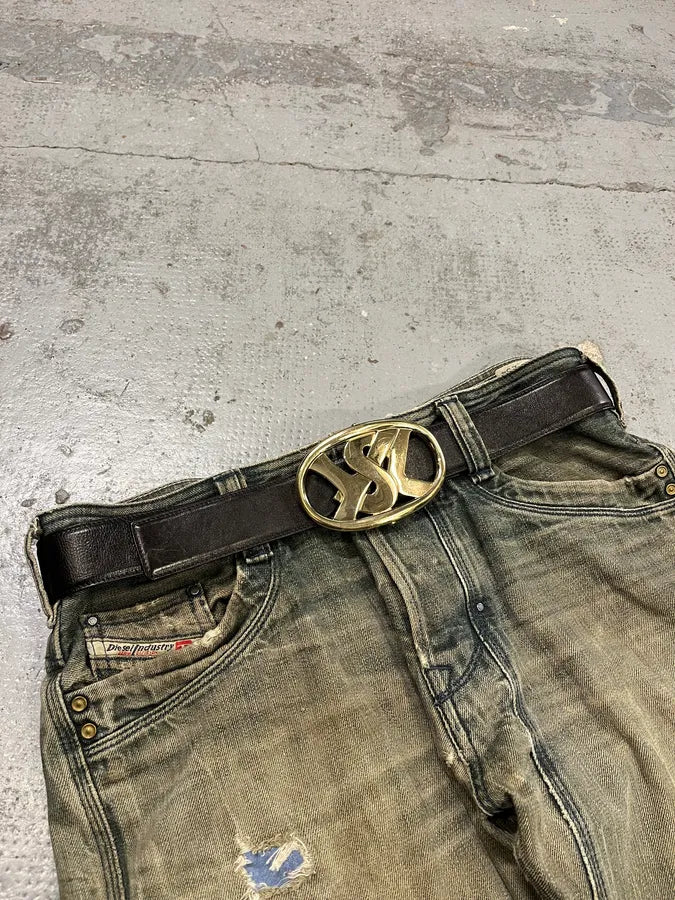 FW2003 Yves Saint Laurent Golden YSL Logo Buckle Black Leather Belt uPjeTba 0