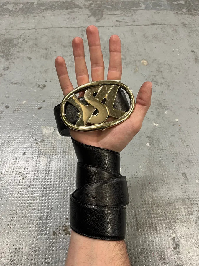 FW2003 Yves Saint Laurent Golden YSL Logo Buckle Black Leather Belt uPjeTba 2