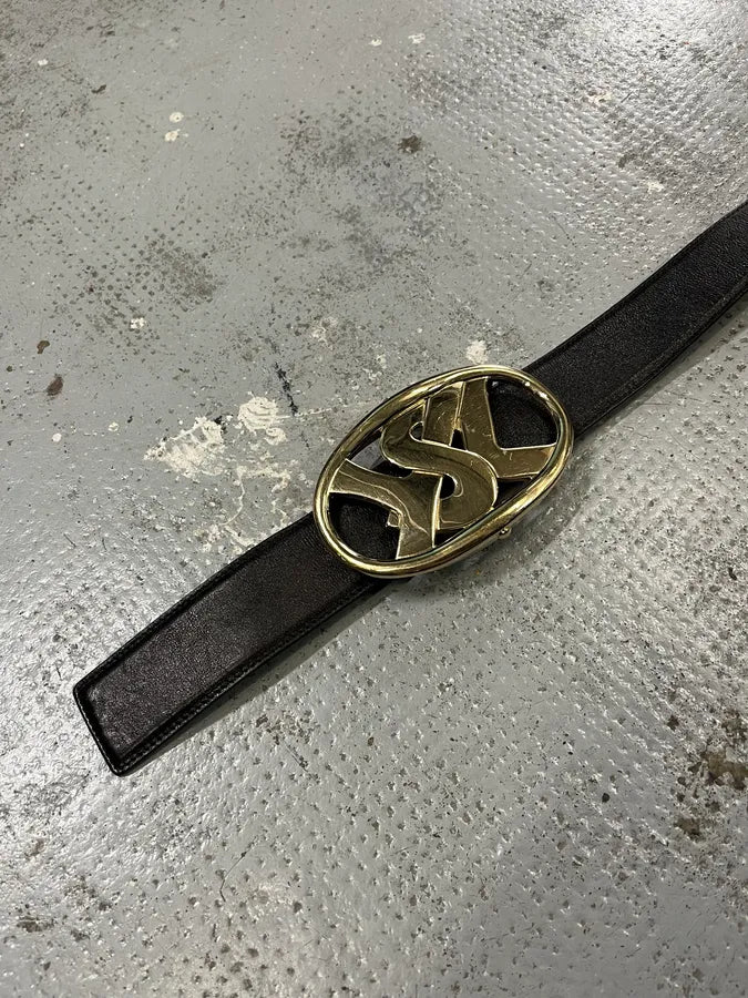 FW2003 Yves Saint Laurent Golden YSL Logo Buckle Black Leather Belt uPjeTba 5