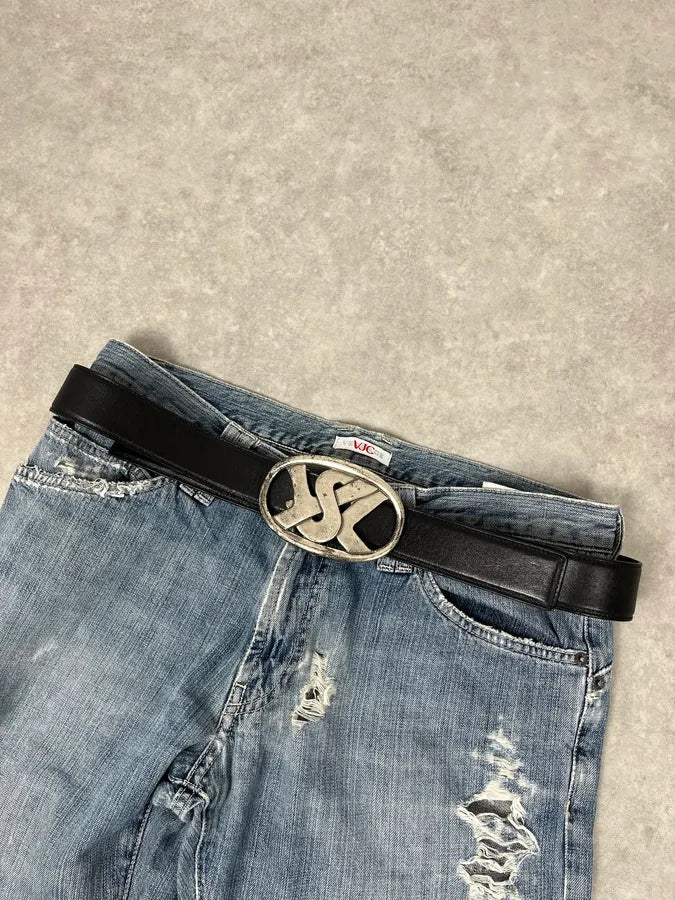 FW2003 Yves Saint Laurent YSL Logo Black Leather Belt FFvQdml 2