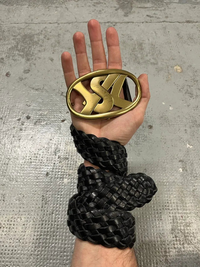 FW2003 Yves Saint Laurent YSL Logo Black Woven Leather Belt jJegPDn 0