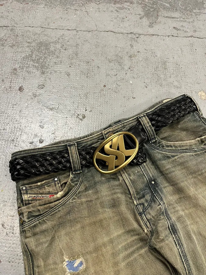 FW2003 Yves Saint Laurent YSL Logo Black Woven Leather Belt jJegPDn 2