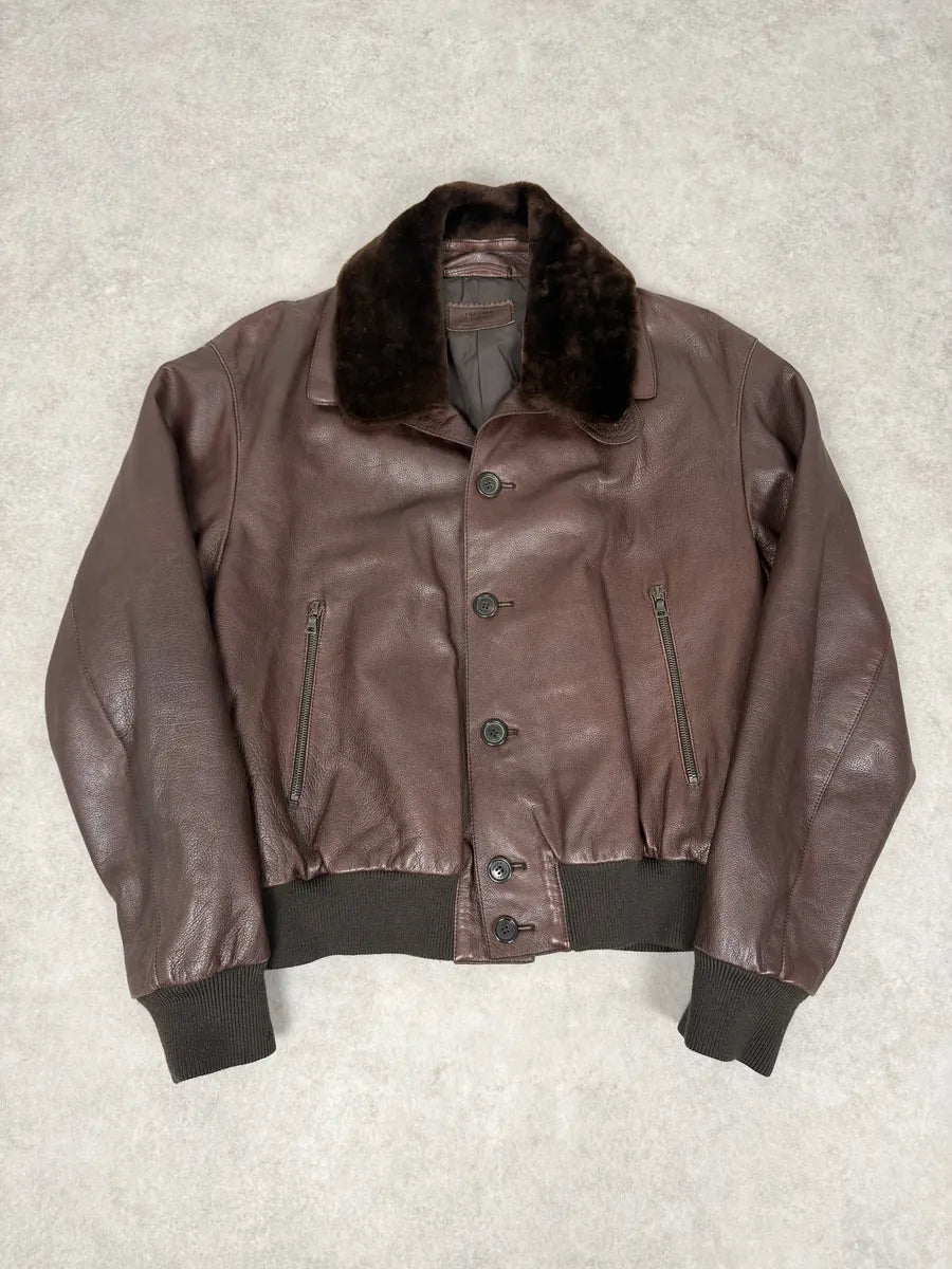 FW2004 Prada Brown Fur Collar Buttoned Leather Jacket qbHTzgp 0