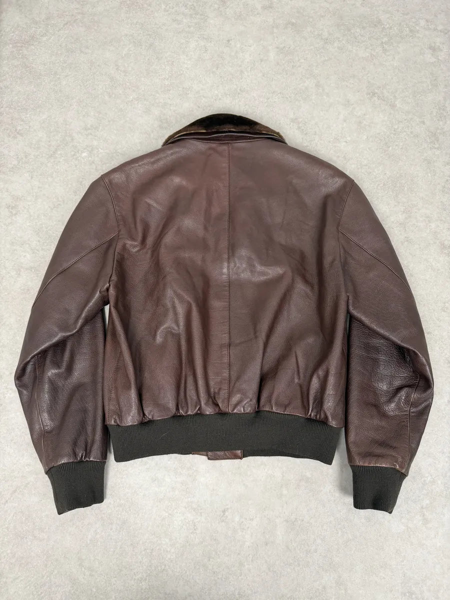 FW2004 Prada Brown Fur Collar Buttoned Leather Jacket qbHTzgp 1