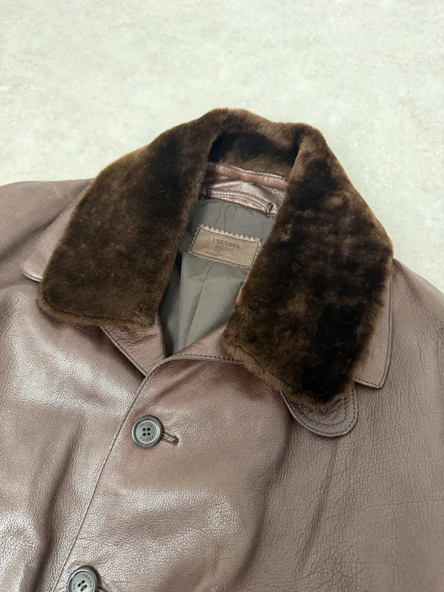 FW2004 Prada Brown Fur Collar Buttoned Leather Jacket qbHTzgp 10