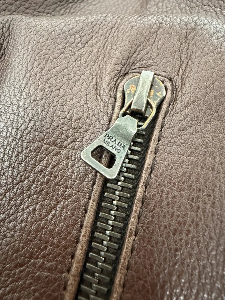 FW2004 Prada Brown Fur Collar Buttoned Leather Jacket qbHTzgp 11