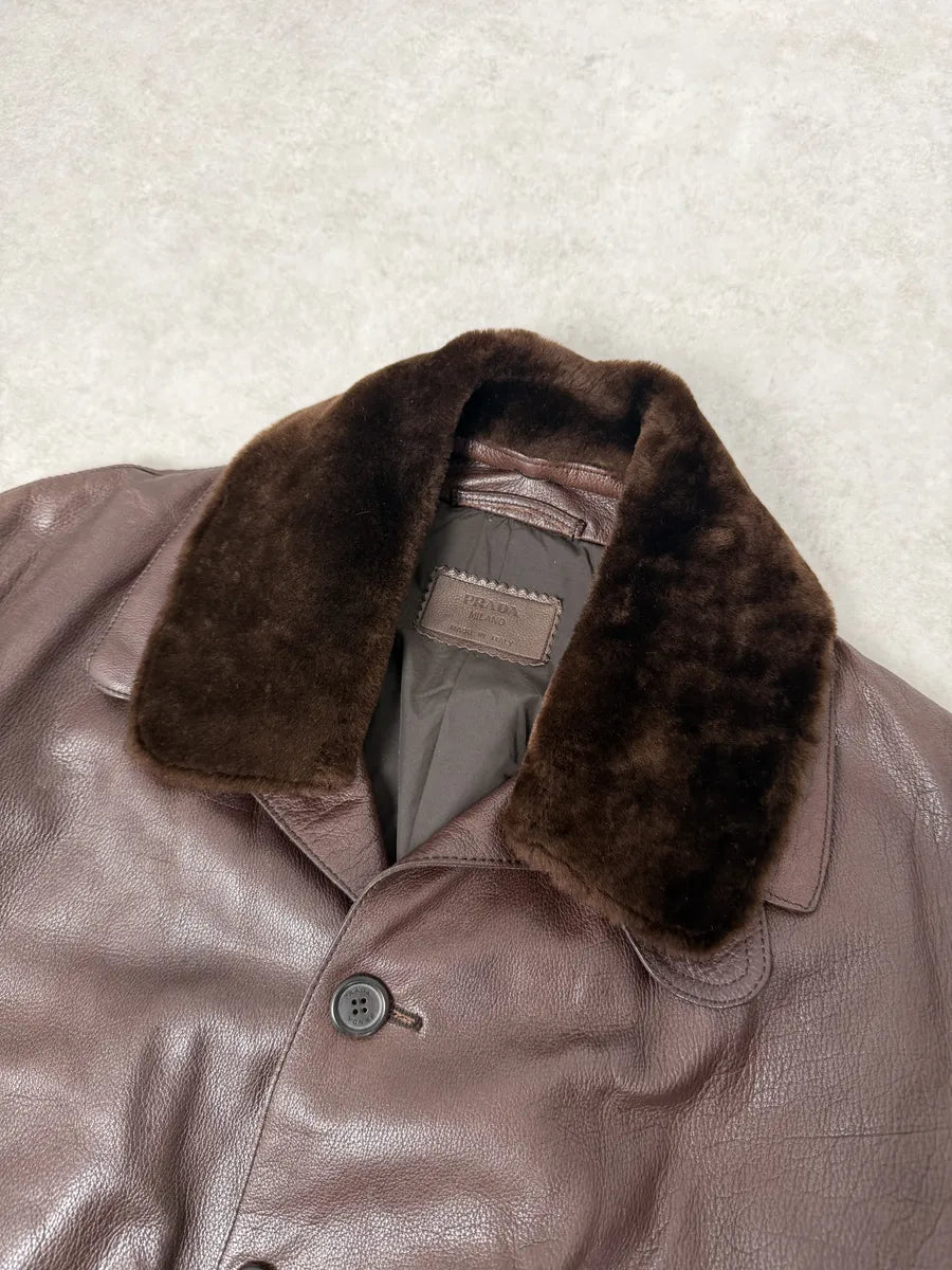 FW2004 Prada Brown Fur Collar Buttoned Leather Jacket qbHTzgp 12