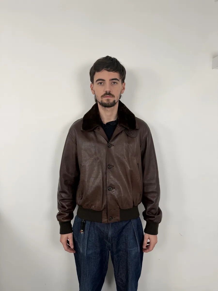 FW2004 Prada Brown Fur Collar Buttoned Leather Jacket qbHTzgp 2