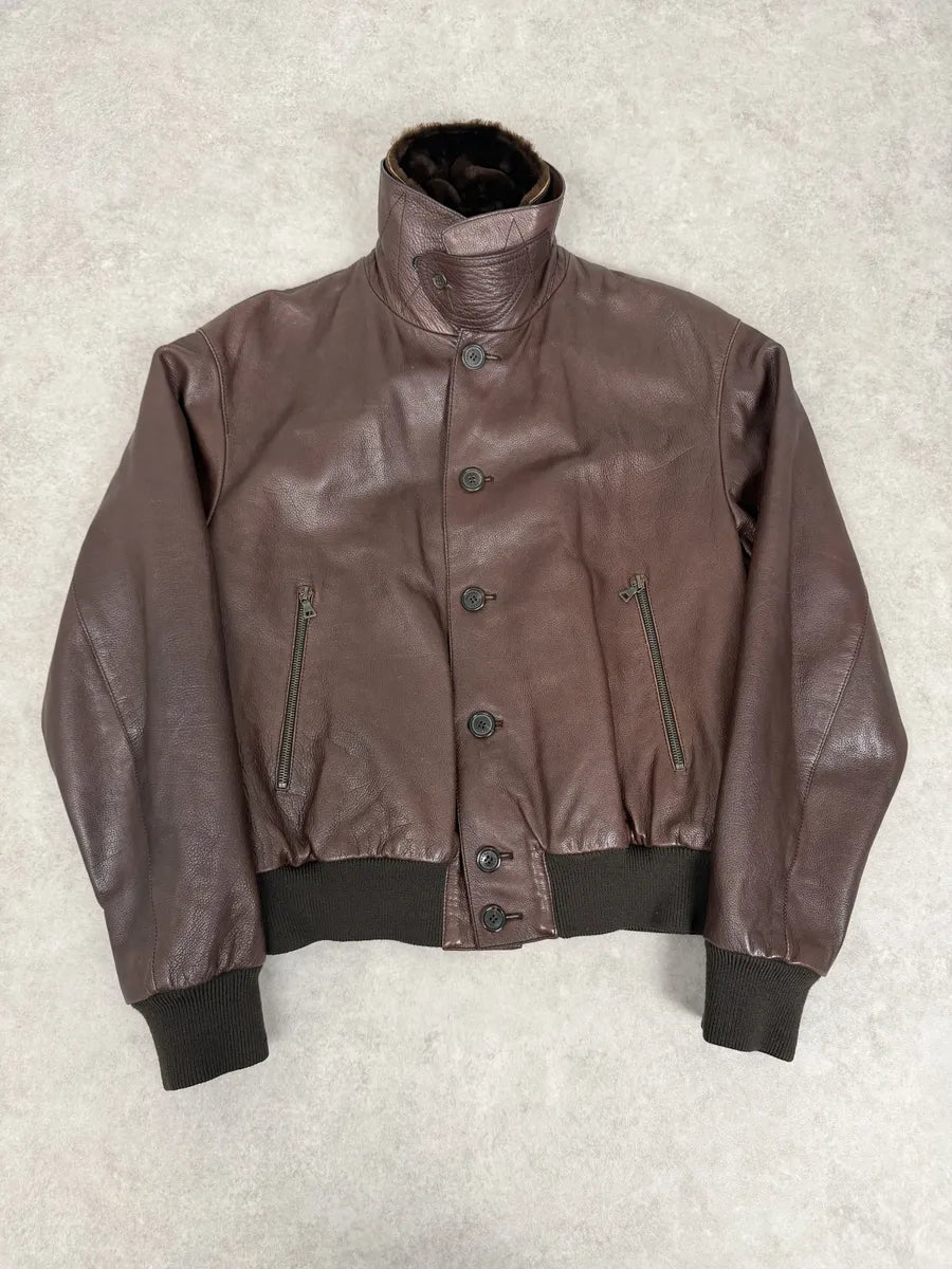 FW2004 Prada Brown Fur Collar Buttoned Leather Jacket qbHTzgp 4