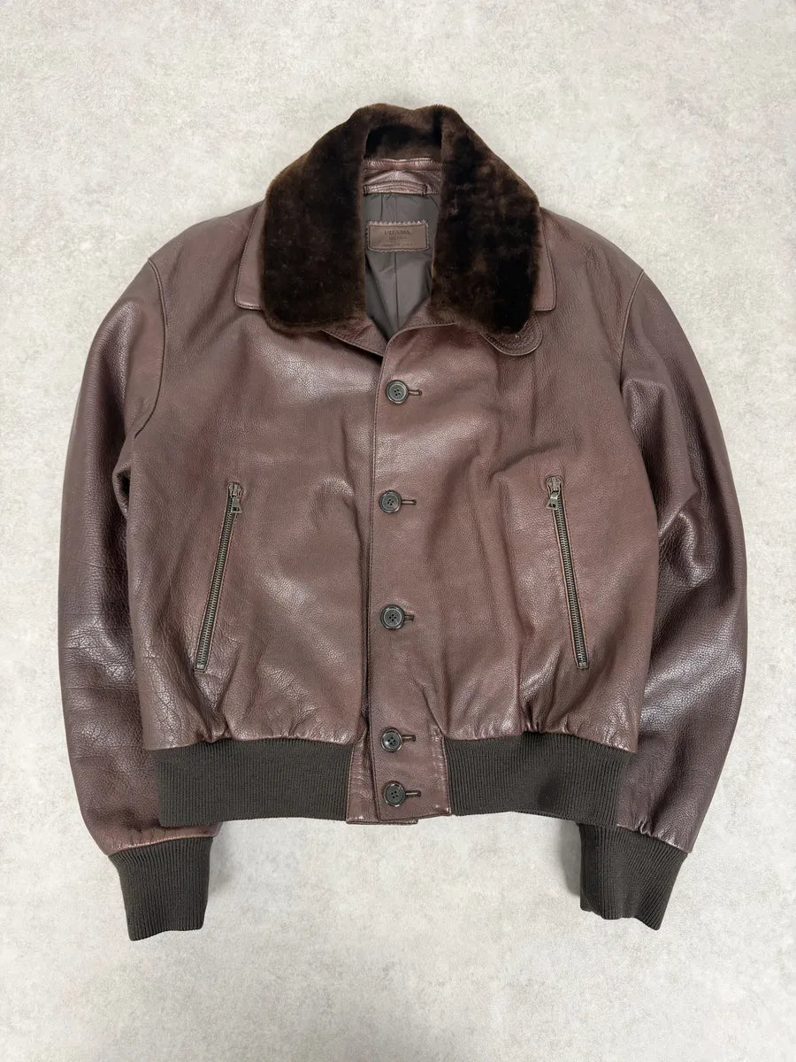 FW2004 Prada Brown Fur Collar Buttoned Leather Jacket qbHTzgp 5
