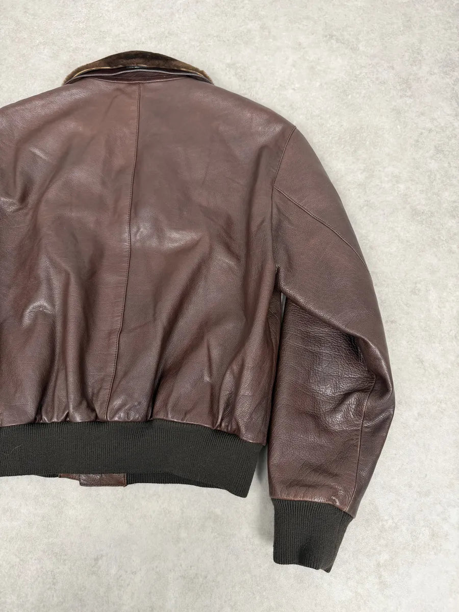 FW2004 Prada Brown Fur Collar Buttoned Leather Jacket qbHTzgp 6