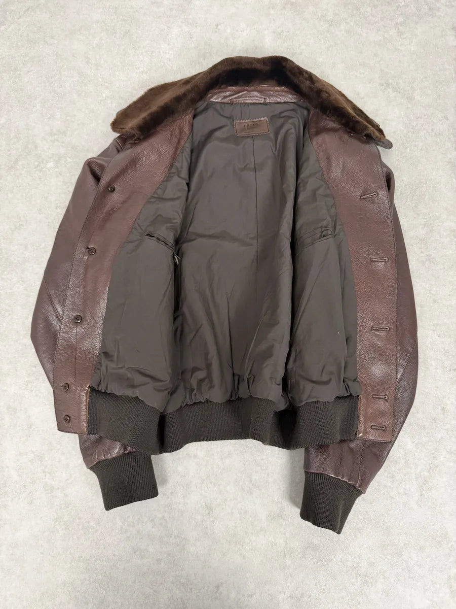 FW2004 Prada Brown Fur Collar Buttoned Leather Jacket qbHTzgp 8