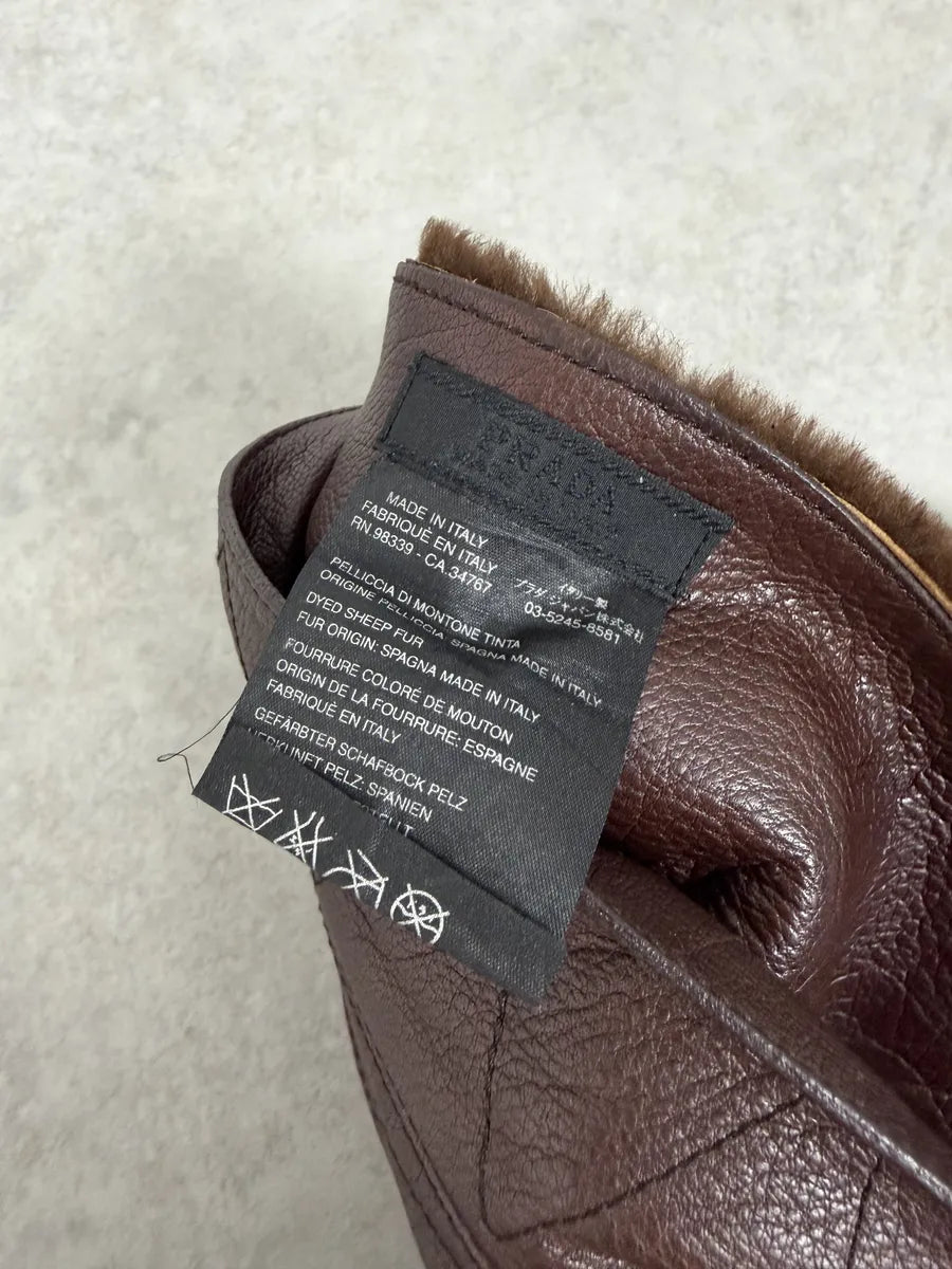 FW2004 Prada Brown Fur Collar Buttoned Leather Jacket qbHTzgp 9