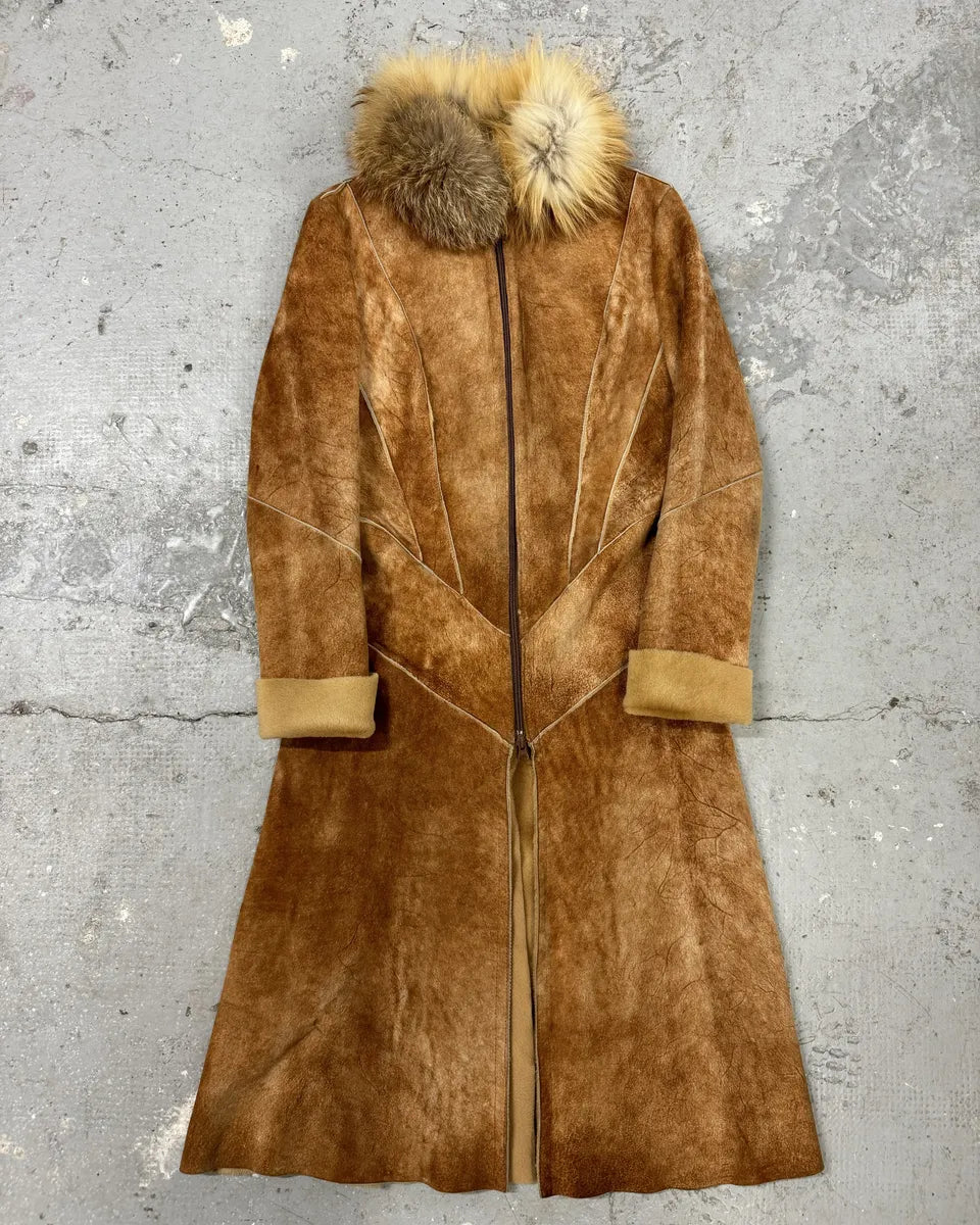 FW2004 Roberto Cavalli Brown Fur Leather Long Suede Premium Zip Jacket (M) 0