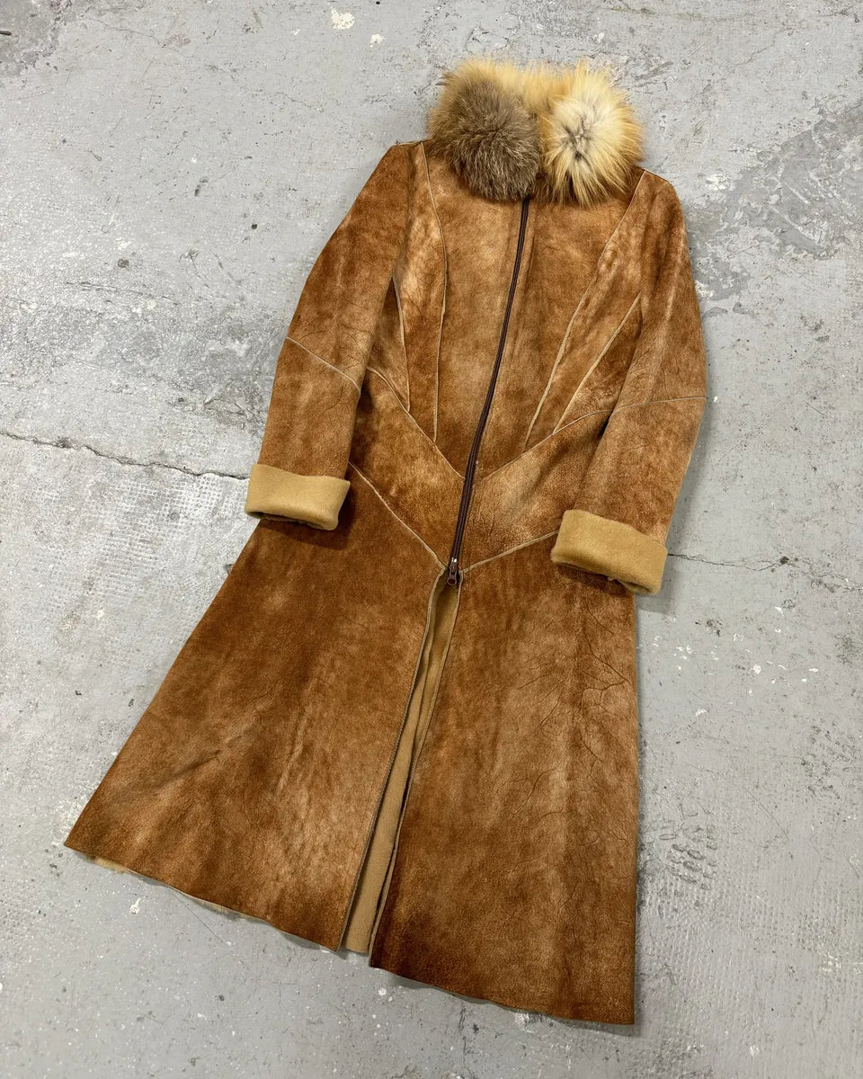 FW2004 Roberto Cavalli Brown Fur Leather Long Suede Premium Zip Jacket (M) 12