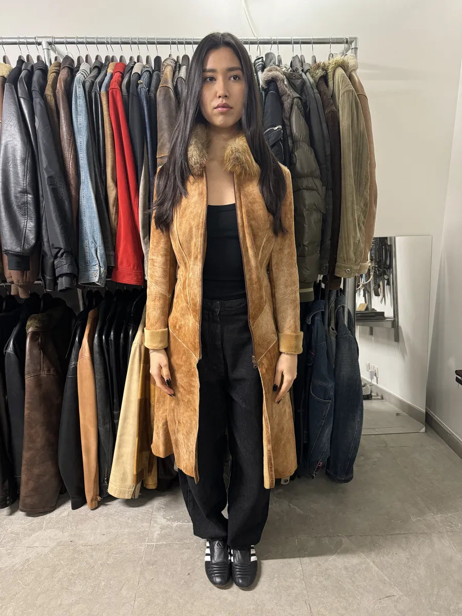 FW2004 Roberto Cavalli Brown Fur Leather Long Suede Premium Zip Jacket (M) 2