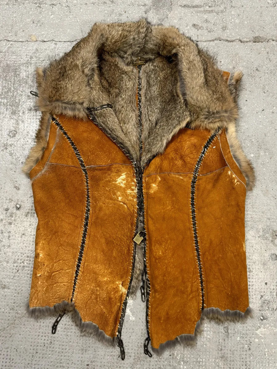FW2004 Roberto Cavalli Rabbit Fur Camel Leather Embellished Vest (M) nGJlltT 0