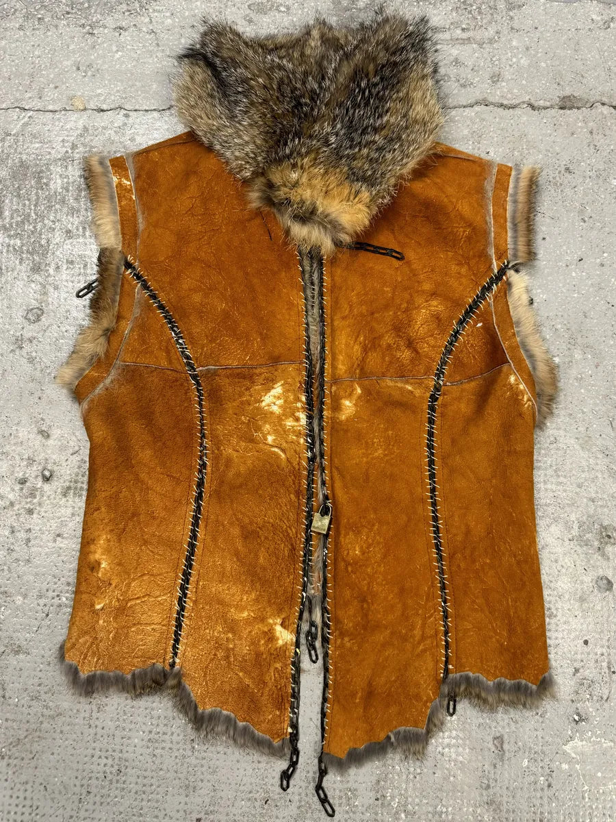 FW2004 Roberto Cavalli Rabbit Fur Camel Leather Embellished Vest (M) nGJlltT 3