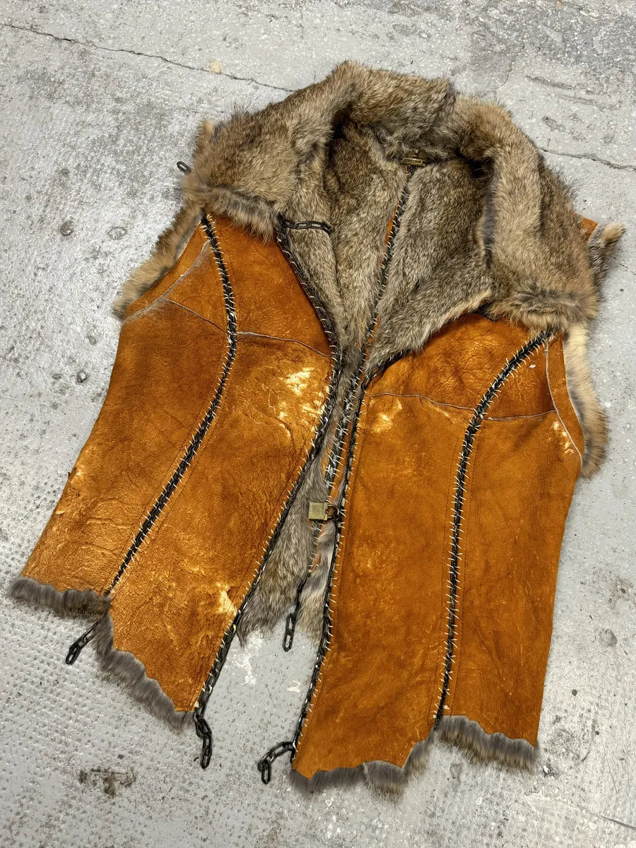 FW2004 Roberto Cavalli Rabbit Fur Camel Leather Embellished Vest (M) nGJlltT 4
