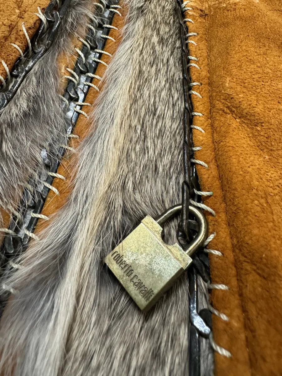 FW2004 Roberto Cavalli Rabbit Fur Camel Leather Embellished Vest (M) nGJlltT 8