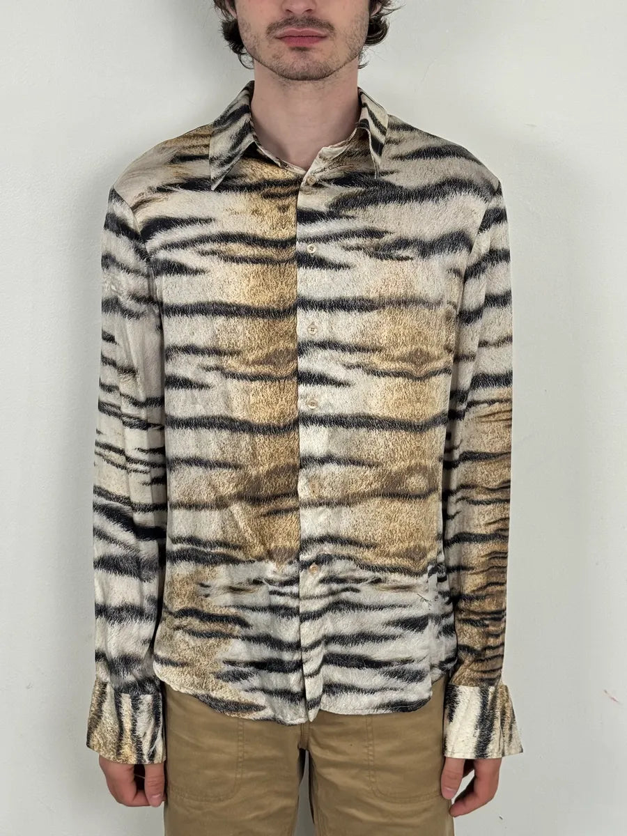 AW2005 Cavalli Beige & White Zebra Silk Shirt gjSnoFB 1