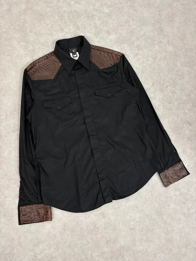 FW2005 Cavalli Black & Brown Crocodile Effect Embossed Leather Shirt mOWLHrx 3