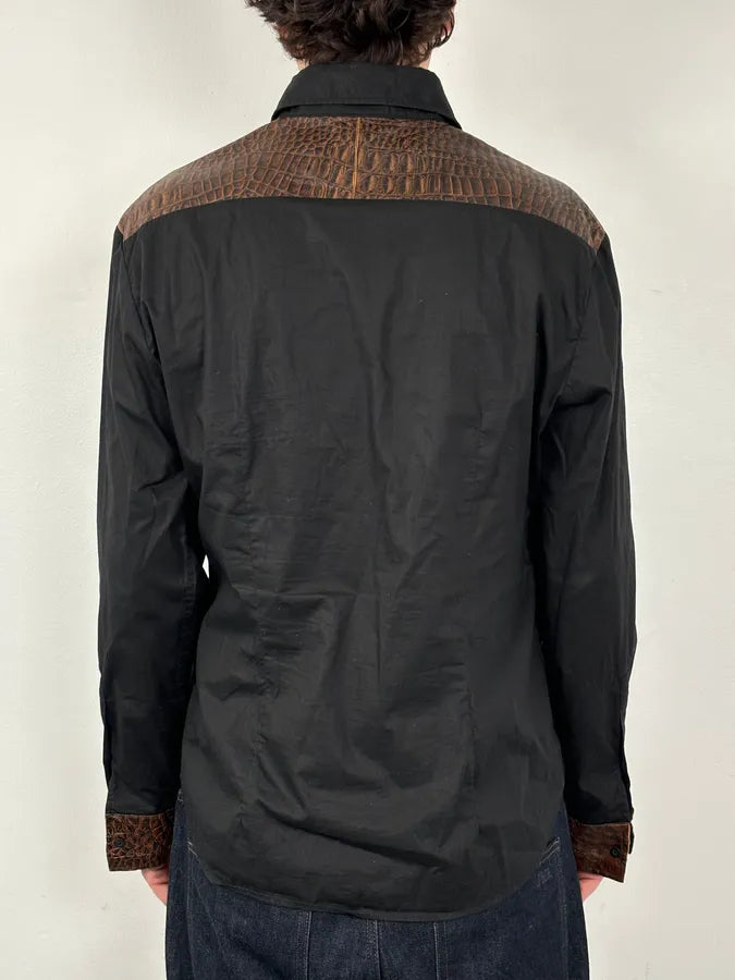 FW2005 Cavalli Black & Brown Crocodile Effect Embossed Leather Shirt mOWLHrx 2
