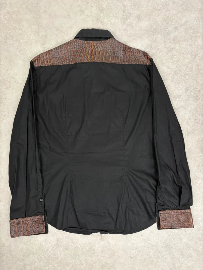 FW2005 Cavalli Black & Brown Crocodile Effect Embossed Leather Shirt mOWLHrx 5