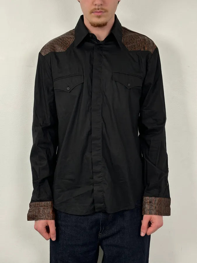 FW2005 Cavalli Black & Brown Crocodile Effect Embossed Leather Shirt mOWLHrx 1