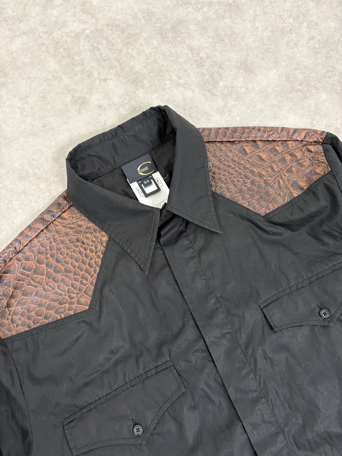 FW2005 Cavalli Black & Brown Crocodile Effect Embossed Leather Shirt mOWLHrx 4