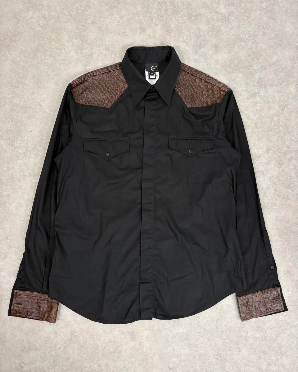 FW2005 Cavalli Black & Brown Crocodile Effect Embossed Leather Shirt mOWLHrx 0