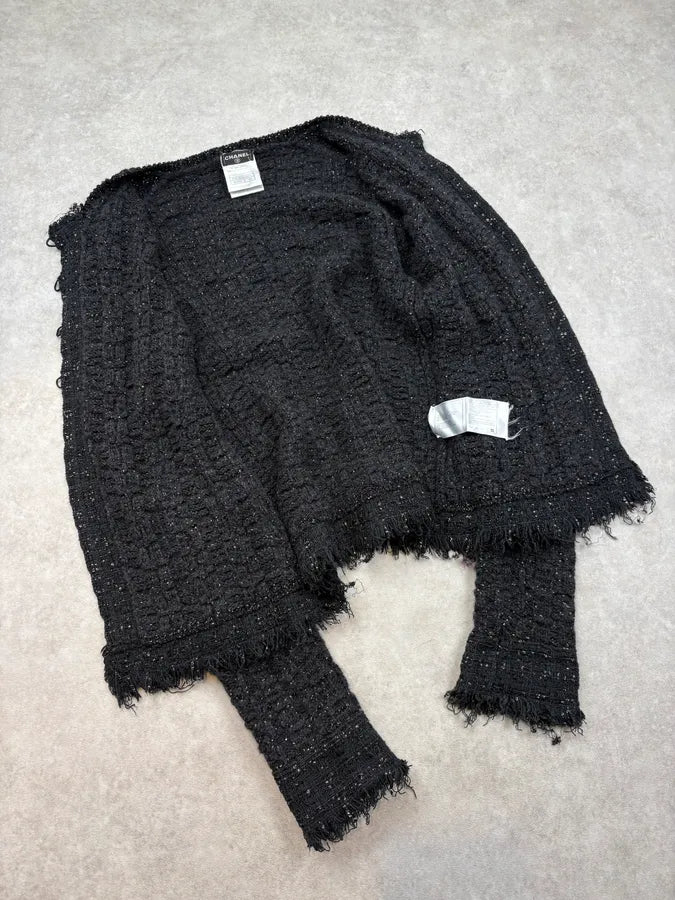 FW2005 Chanel Black Fringe Tweed Cashmere Cardigan znourZU 6