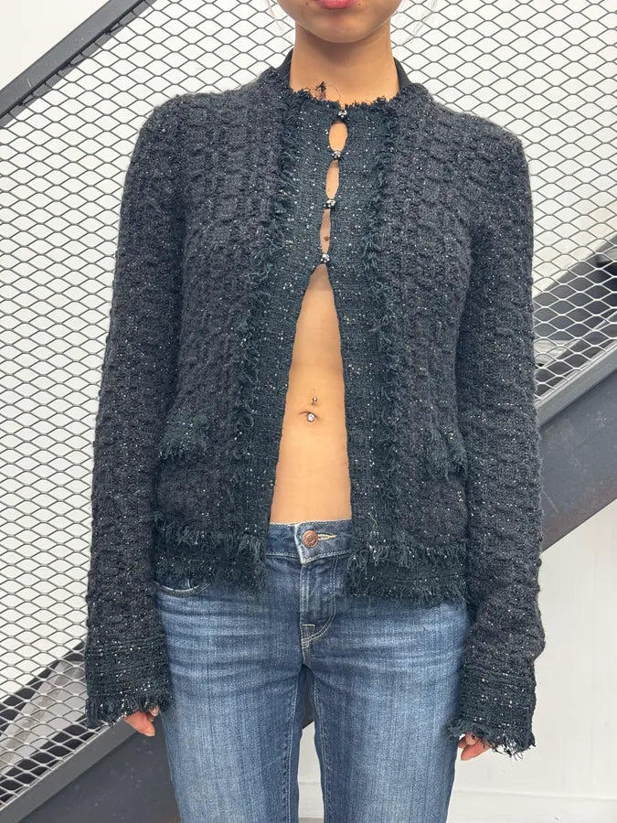 FW2005 Chanel Black Fringe Tweed Cashmere Cardigan znourZU 1