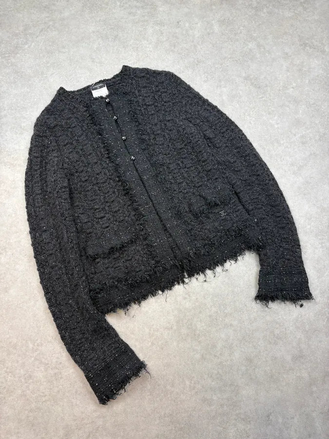 FW2005 Chanel Black Fringe Tweed Cashmere Cardigan znourZU 3