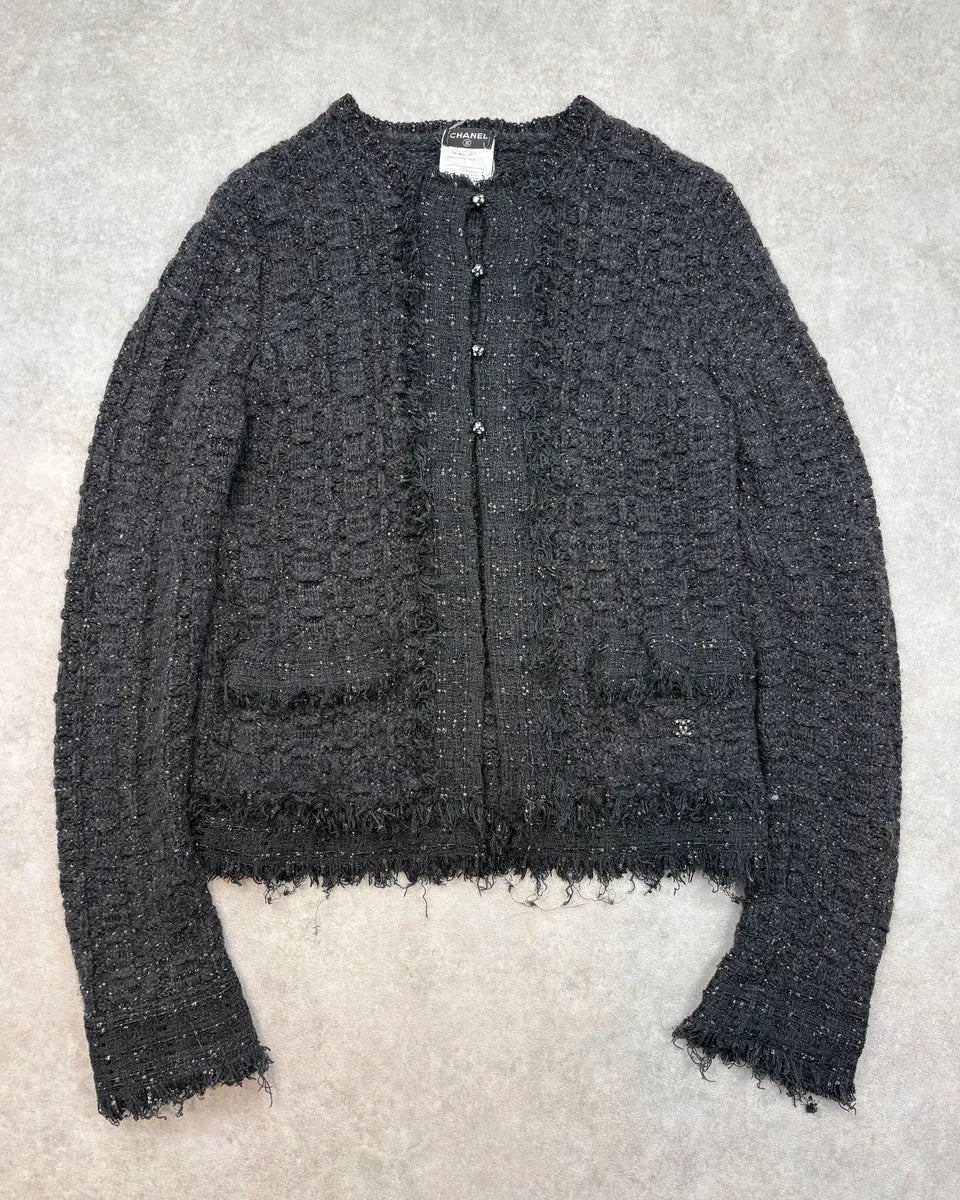 FW2005 Chanel Black Fringe Tweed Cashmere Cardigan znourZU 0