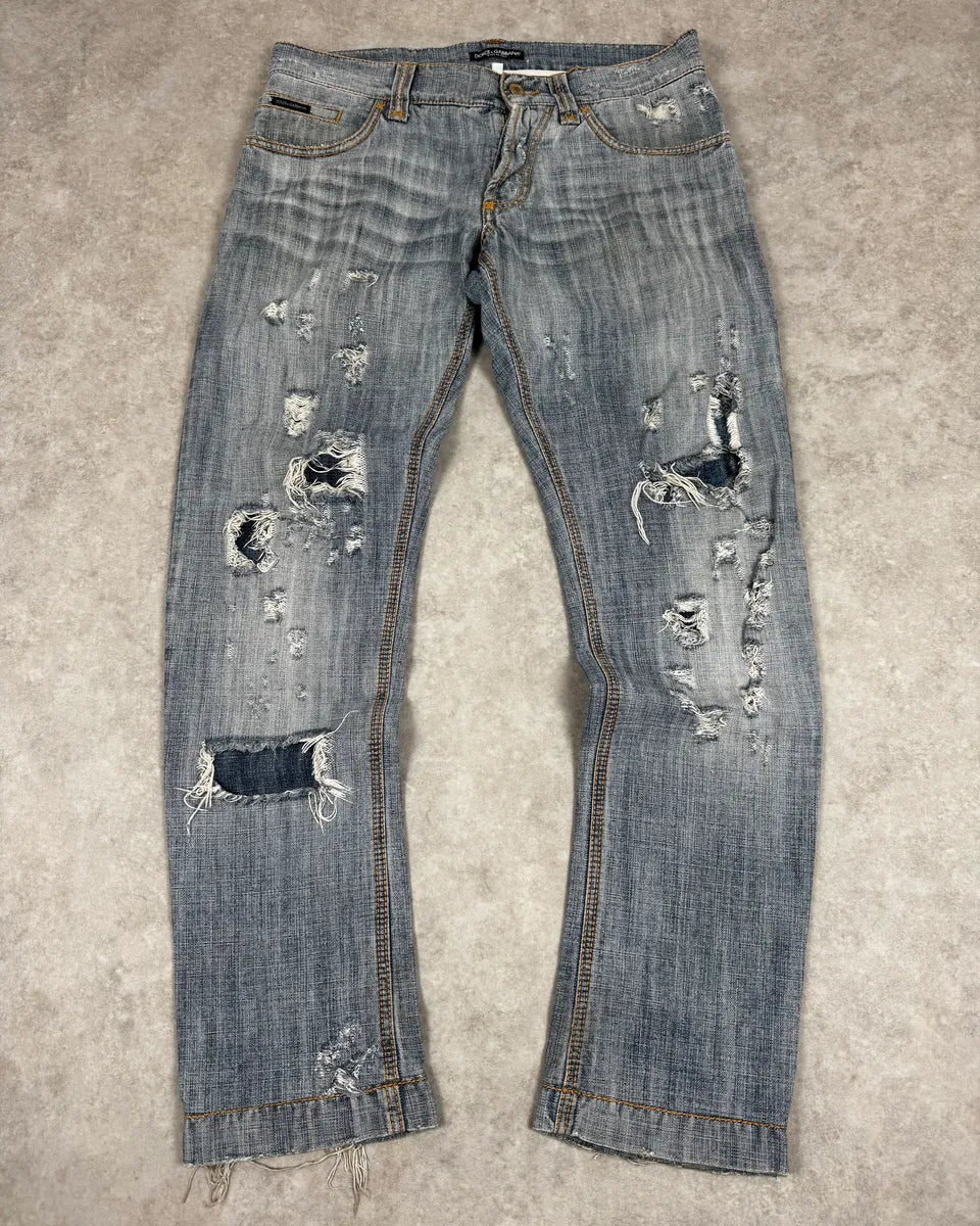 FW2005 Dolce & Gabbana Blue Distressed Denim Jeans IHgmbtz 0