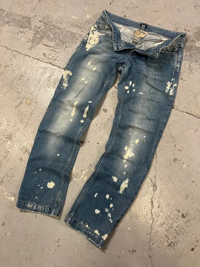 FW2005 Dolce & Gabbana Blue Painted Irregular Denim Jeans vjHjDbq 5