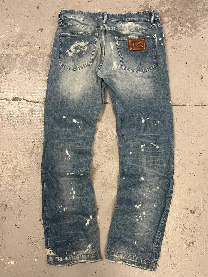 FW2005 Dolce & Gabbana Blue Painted Irregular Denim Jeans vjHjDbq 6