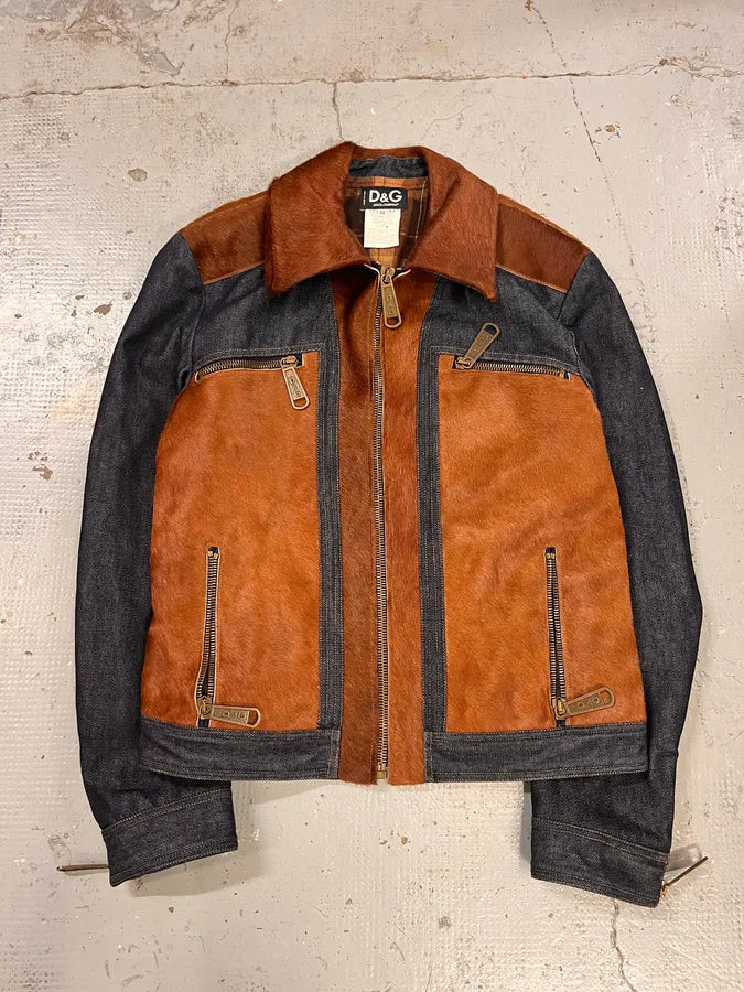 FW2005 Dolce & Gabbana Brown Pony Hair & Blue Denim Jacket gOmxoTd 0