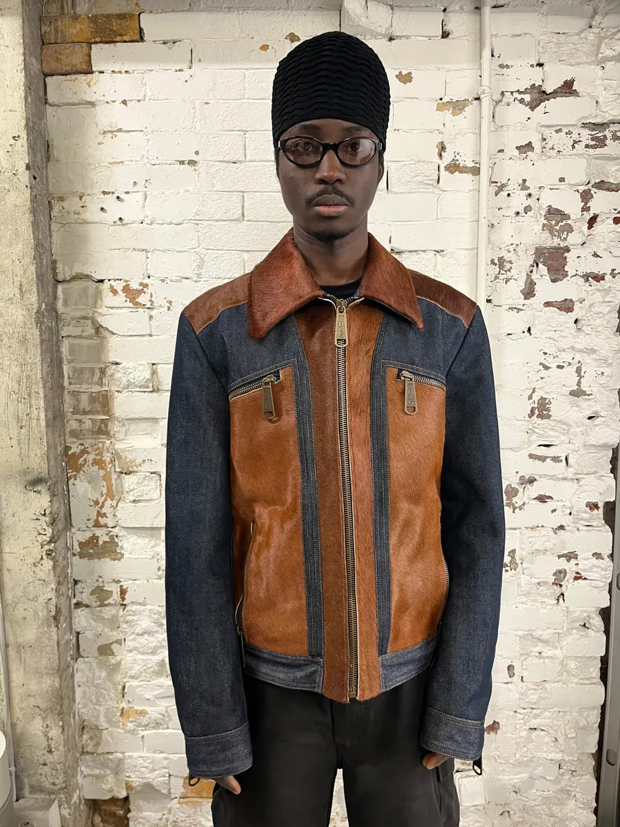 FW2005 Dolce & Gabbana Brown Pony Hair & Blue Denim Jacket gOmxoTd 1