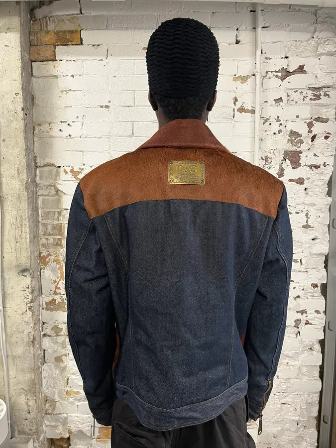 FW2005 Dolce & Gabbana Brown Pony Hair & Blue Denim Jacket gOmxoTd 2