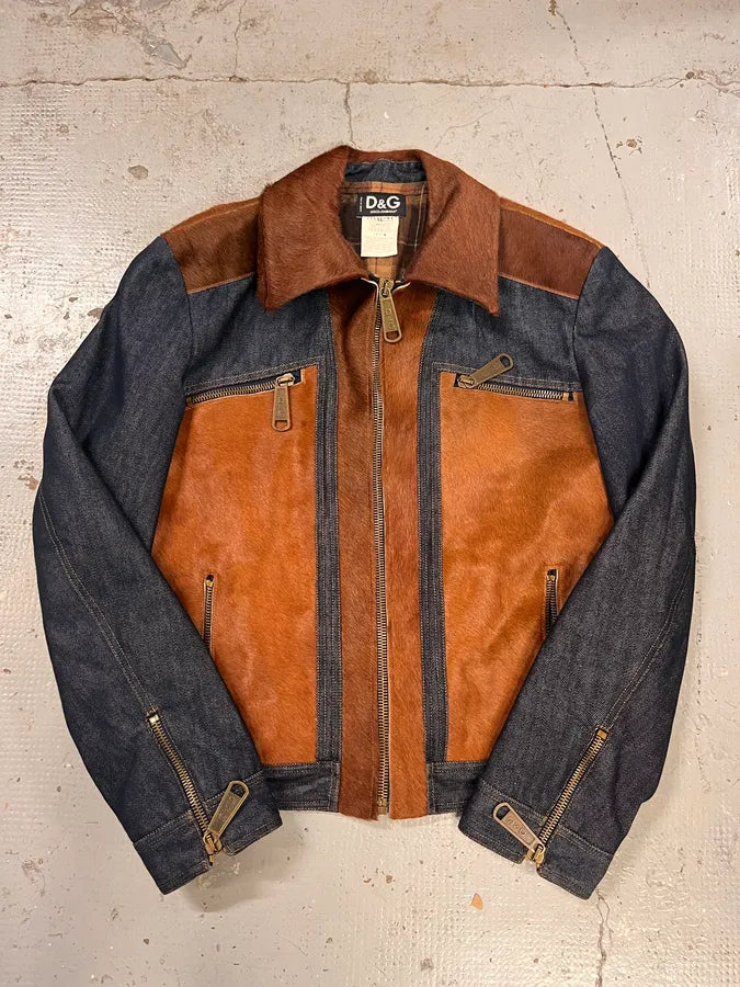 FW2005 Dolce & Gabbana Brown Pony Hair & Blue Denim Jacket gOmxoTd 3