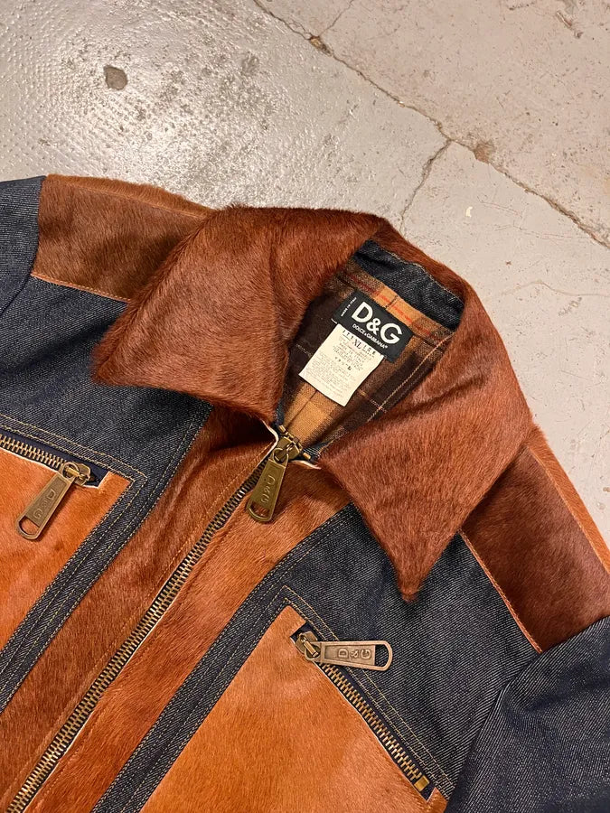 FW2005 Dolce & Gabbana Brown Pony Hair & Blue Denim Jacket gOmxoTd 4